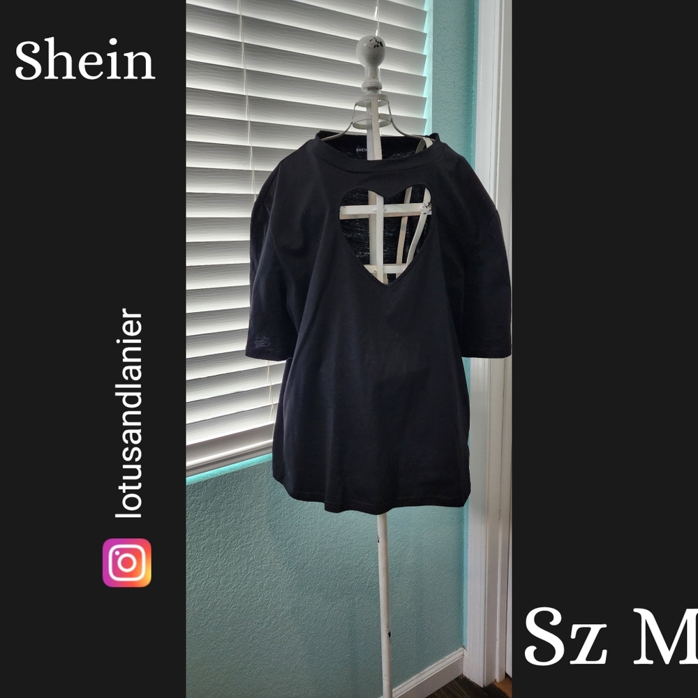 Shein Black Heart Cut Out Short Sleeve Shirt Sz Medium